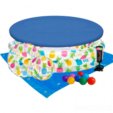 Дитячий надувний басейн Intex 59469-3 «Ананас», 132 х 28 см, з м'ячем та колом, з кульками 10 шт, тентом, підстилкою, насосом