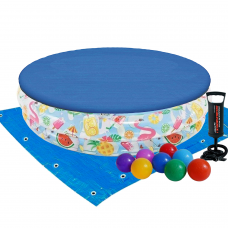 Дитячий надувний басейн Intex 59460-3 «Фрукти», 122 х 25 см, з м'ячиком та колом, з кульками 10 шт, тентом, підстилкою, насосом