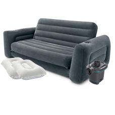 Надувний диван Intex 66552-4, 203 х 224 х 66 см, з електричним насосом та подушками. Флокований диван трансформер 2 в 1